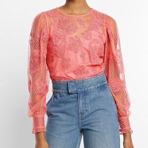 Express | Lace Long Sleeve Crew Neck Blouse & Shell | Coral Pink | Size XL